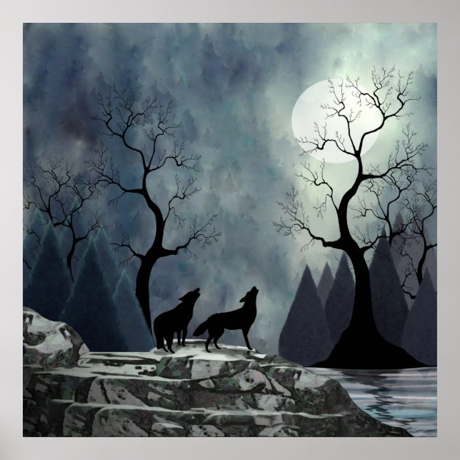 Howling Wolf Silhouette Poster (Front)