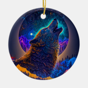 Howling Wolf Surreal Fantasy Ceramic Tree Decoration
