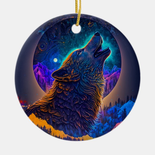 Howling Wolf Surreal Fantasy Ceramic Tree Decoration (Front)