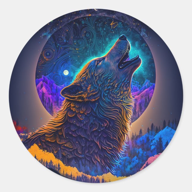 Howling Wolf Surreal Fantasy Classic Round Sticker (Front)