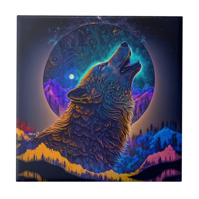 Howling Wolf Surreal Fantasy Tile (Front)