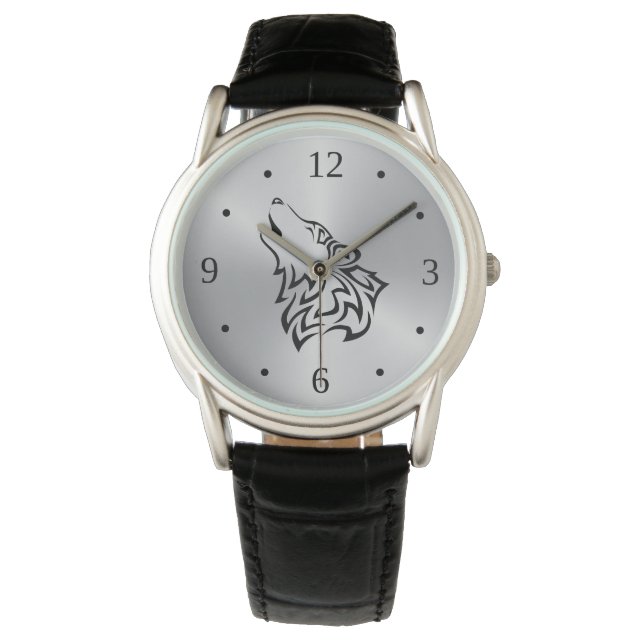 Howling Wolf Tribal Black Silver Watch (Front)