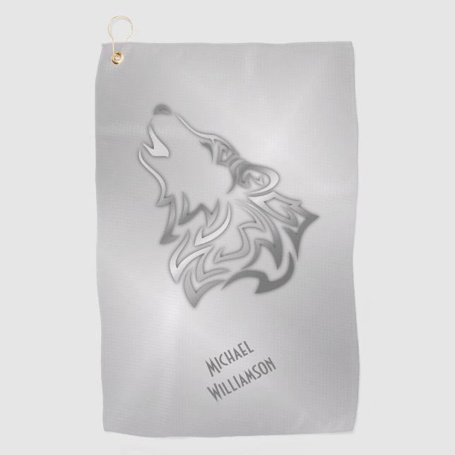 Howling Wolf Tribal Silver Monogram  Golf Towel (Front)