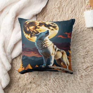 Howling Wolf Under a Full Moon at Dusk Cushion