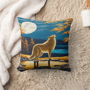 Howling Wolf Under a Full Moon.  Cushion
