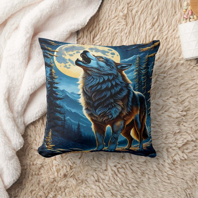Howling Wolf Under Full Moon.  Cushion (Blanket)