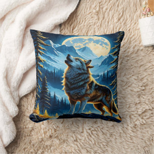 Howling Wolf Under Full Moon in Mountain Landscape Cushion