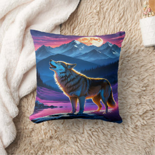 Howling Wolf Under Full Moon Over Mountains Cushion