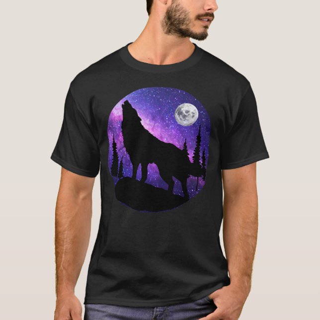 Howling Wolf Under The Full Moon With Purple Galax T-Shirt (Front)