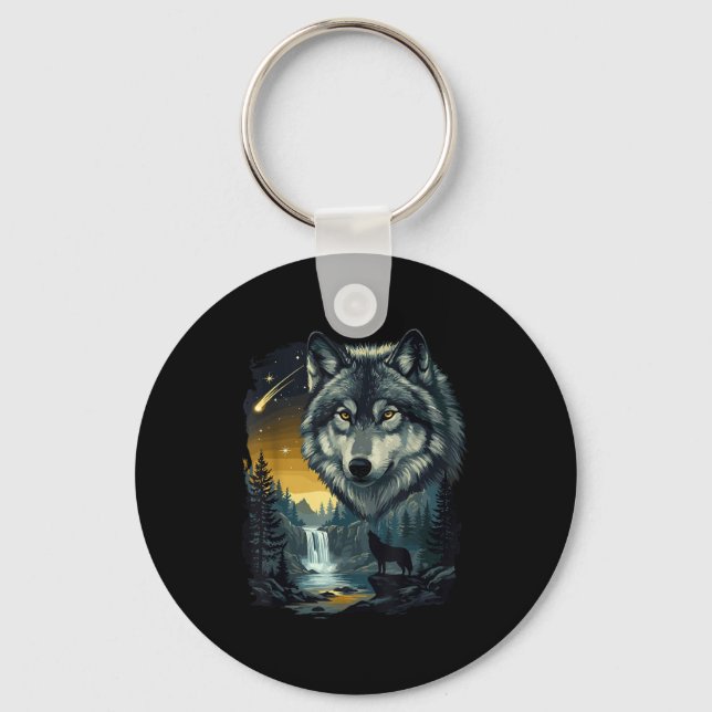 Howling Wolf Waterfall Scene For Nature Lovers And Key Ring (Front)