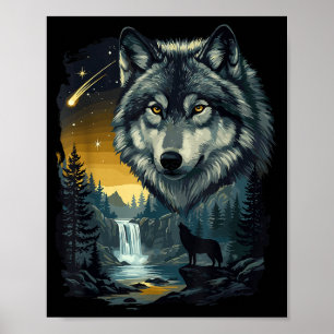 Howling Wolf Waterfall Scene For Nature Lovers And Poster
