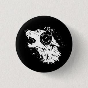 howling wolf wearing headphones 3 cm round badge