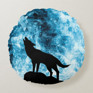 Howling Wolf Winter snowy blue smoke Abstract Round Cushion