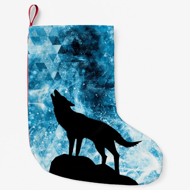 Howling Wolf Winter snowy blue smoke Abstract Small Christmas Stocking (Front)