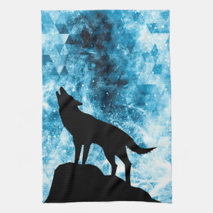 Howling Wolf Winter snowy blue smoke Abstract Tea Towel