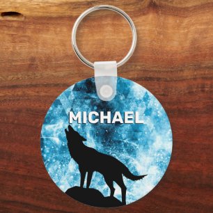 Howling Wolf Winter snowy blue smoke Custom Name Key Ring