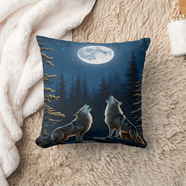 Howling Wolves Under a Full Moon at Night Cushion (Blanket)