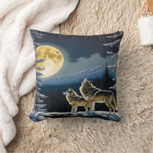 Howling Wolves Under a Full Moon in Winter Cushion