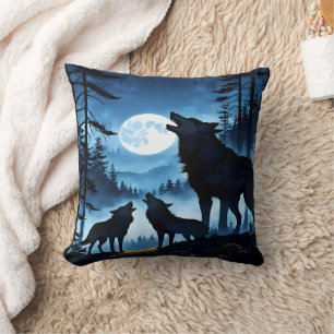 Howling Wolves Under Full Moon. Cushion