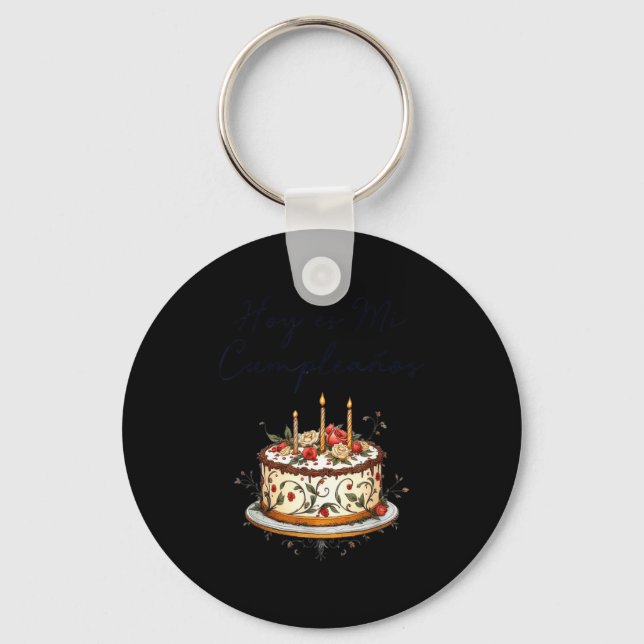Hoy Es Mi Cumpleaños Con Cake Spanish Birthday Gif Key Ring (Front)