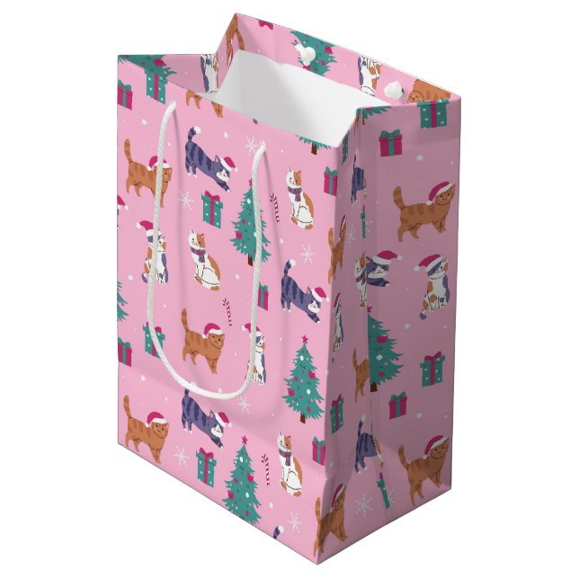 hristmas Cats and Trees Holiday Pattern Medium Gift Bag (Front Angled)