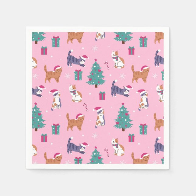 hristmas Cats and Trees Holiday Pattern Napkin (Front)
