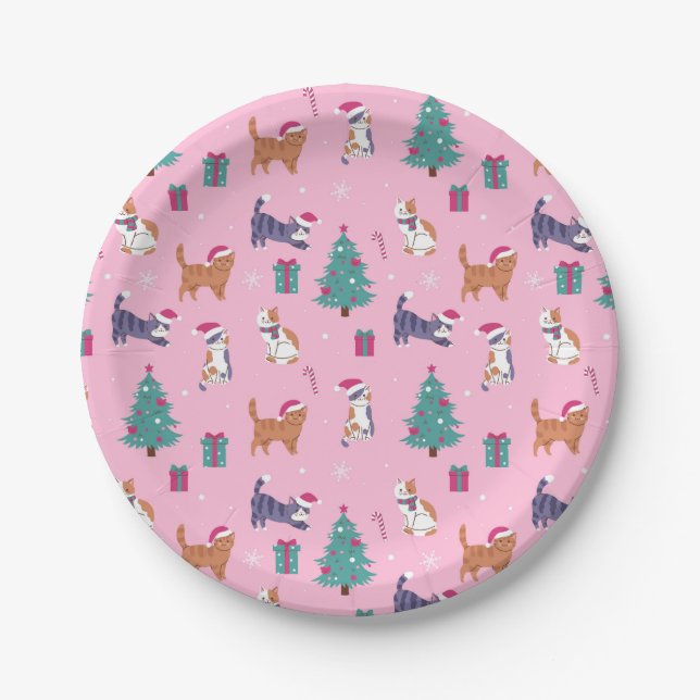 hristmas Cats and Trees Holiday Pattern Paper Plate (Front)