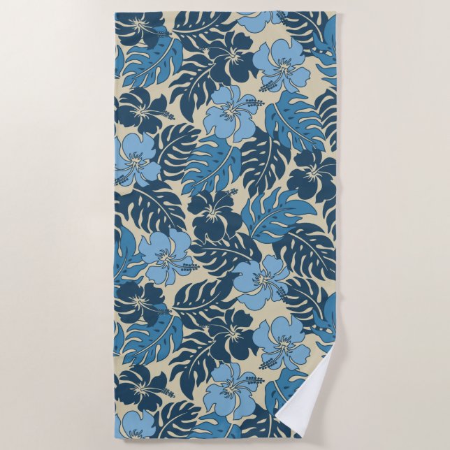 Huakini Bay Hawaiian Hibiscus Floral- Indigo Beach Towel (Front)