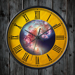 Hubble & Antennae Galaxies 2 - Outer Space / Gold  Round Clock