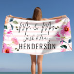 Hubby and Wifey Mr and Mrs, Bride and Groom Beach Towel<br><div class="desc">Make a statement at the pool or the beach with our wide selection of super cute customisable beach towels. We have elegant,  classy also fun and playful full print designs.

Just Married,  Wedding Props,  Wedding Photo Props,  Wedding Decoration,  Newly Weds,  Wedding Reception,  Honeymoon,  Personalised Wedding Engagement Bridal Shower.</div>