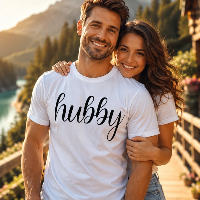 Hubby Modern Black Script White Mens T-Shirt (Creator Uploaded)