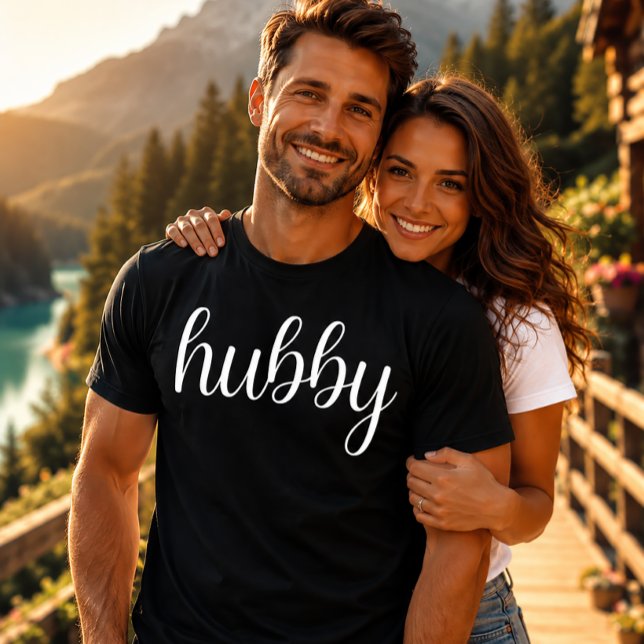 Hubby Modern White Script Black Mens T-Shirt (Creator Uploaded)