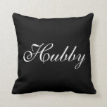 Hubby Mr. Pillow<br><div class="desc">This black cushion is decorated with fancy white script that says "Hubby" on the front,  and "Mr." on the back,  making it perfect for the sweetheart table,  sofa or bed of the newlyweds. Scroll down to see the coordinating Wifey / Mrs. cushion.</div>