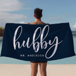 Hubby Navy Blue And White Newlywed Groom Beach Towel<br><div class="desc">Showcase your newlywed status with this elegant "Hubby" beach towel in navy blue and white, perfect for honeymoons, beach outings, or poolside relaxation. Designed for grooms and husbands, this towel can be personalised with a last name, making it a thoughtful gift or stylish accessory. Whether by the beach or pool,...</div>