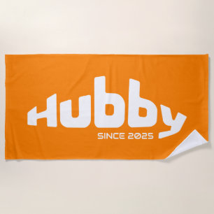 Hubby Newlywed Groom Orange & White Beach Towel