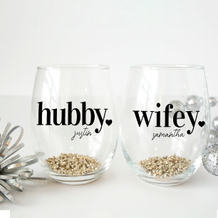Hubby & Wifey   Personalised Name Newlyweds Stemless Wine Glass