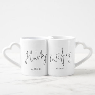 Hubby Wifey Script Names Date Black White  Coffee Mug Set