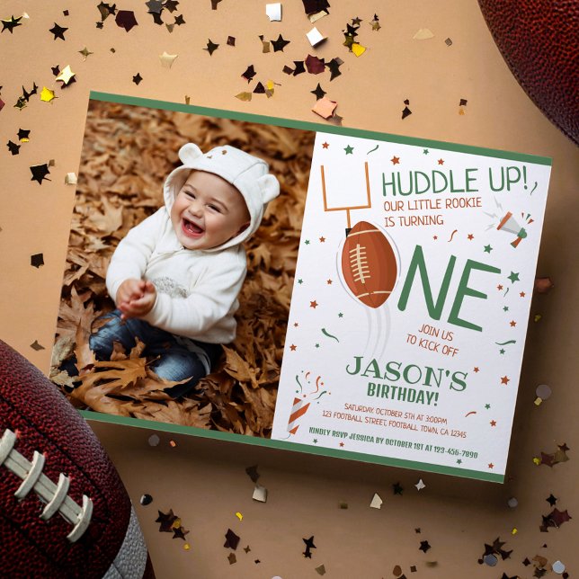 Huddle Up Football Green Photo 1st Birthday Invitation (Creator Uploaded)