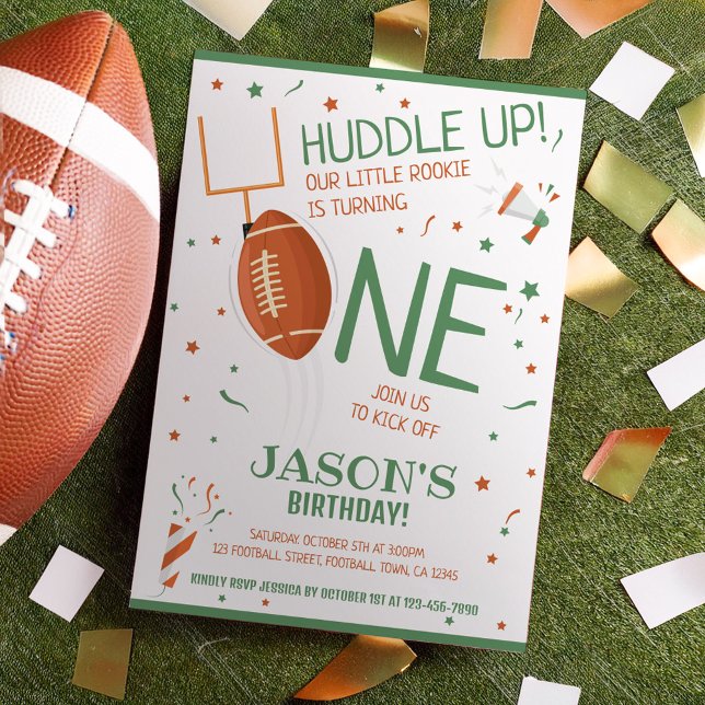 Huddle Up Green Rookie Football 1st Birthday Invitation (Creator Uploaded)