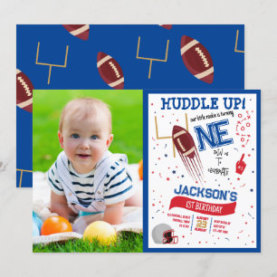 Huddle Up Rookie Cute Football Photo 1st Birthday Invitation