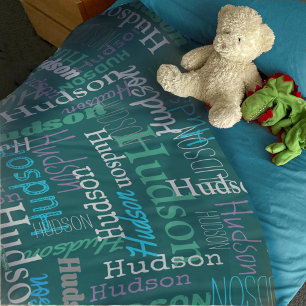 Hudson personalised name aqua green purple grey fleece blanket
