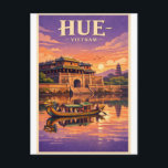 Hue Ancient Capital, Vietnam travel Postcard<br><div class="desc">Travel poster featuring Hue Ancient Capital, Vietnam, in a classic retro travel-poster style. Central focus on the Imperial City with its historic gates and citadel walls, reflected in the calm waters of the Perfume River. Iconic elements include a traditional dragon boat, royal architecture, and distant pagoda silhouettes under a poetic...</div>