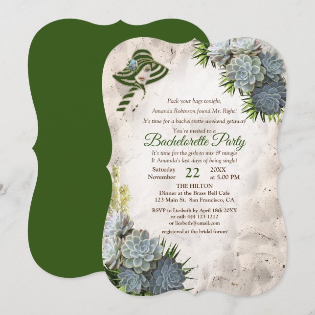 Hues of Beach Green & Succulent Bachelorette Party Invitation (Front/Back)