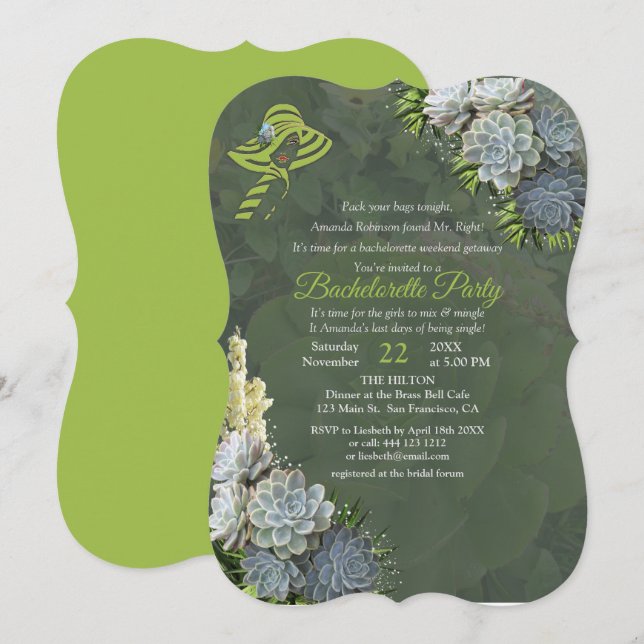 Hues of Beach Green & Succulent Bachelorette Party Invitation (Front/Back)