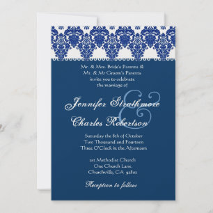 Hues of Blue and White Damask Wedding Invitation