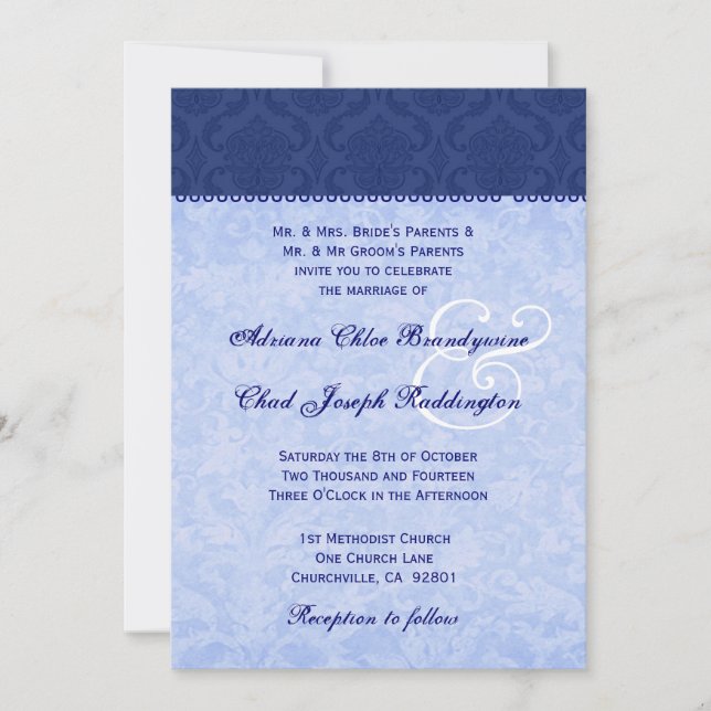 Hues of Blue Damask Wedding E576 Invitation (Front)