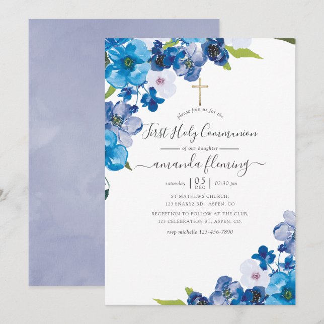 Hues of Blue Floral First Holy Communion Invitation (Front/Back)