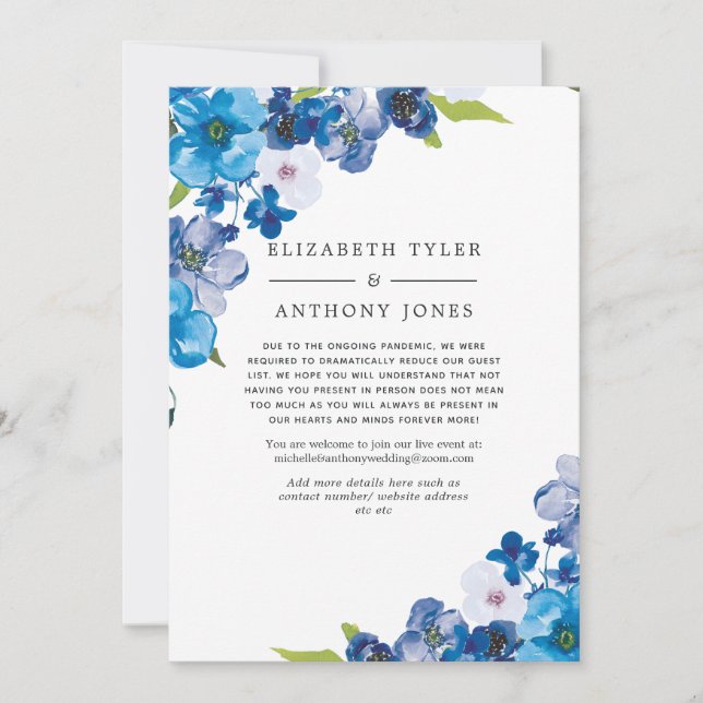 Hues of Blue Floral Reduced Wedding Guest List Announcement (Front)