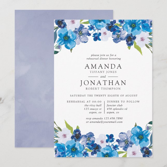 Hues of Blue Floral Rehearsal Dinner invitation (Front/Back)