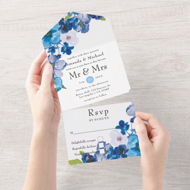 Hues of Blue Floral Wedding All In One Invitation (Tearaway)